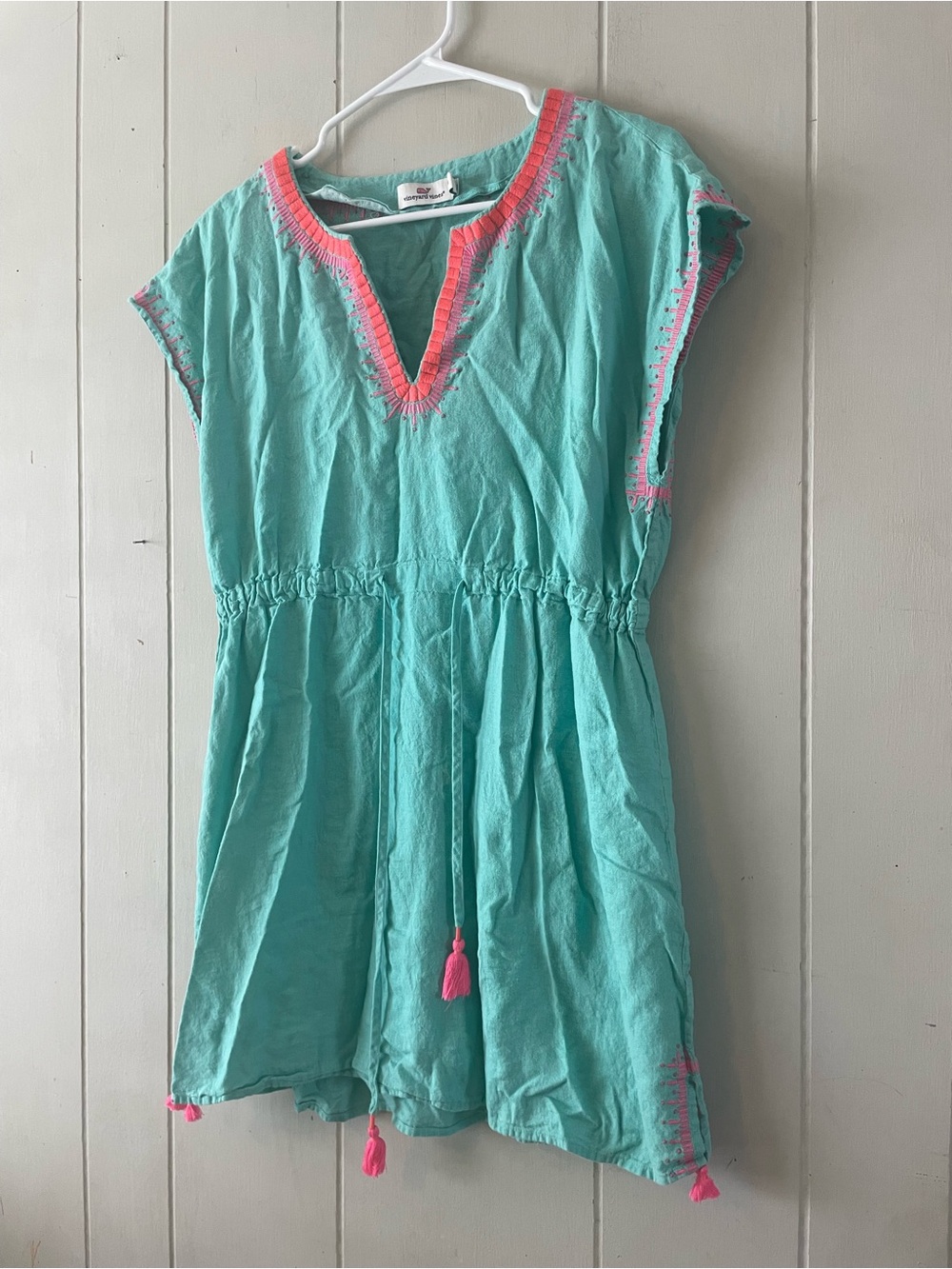 Vineyard Vine Teal Pink Sleeveless Linen Dress Size Medium Embroidered